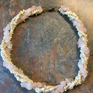 Vintage Faux Pearl Chip & Rose Quartz Chip Twisted Necklace